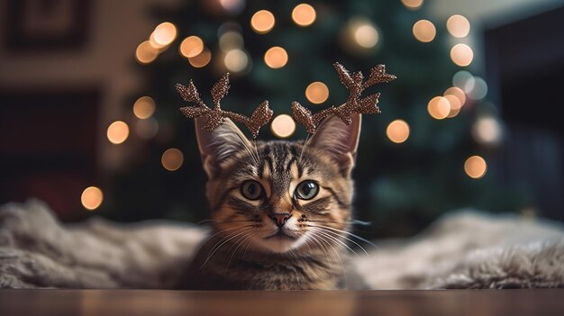 Photo cat in a reindeer headband on a blurred christmas background generative ai