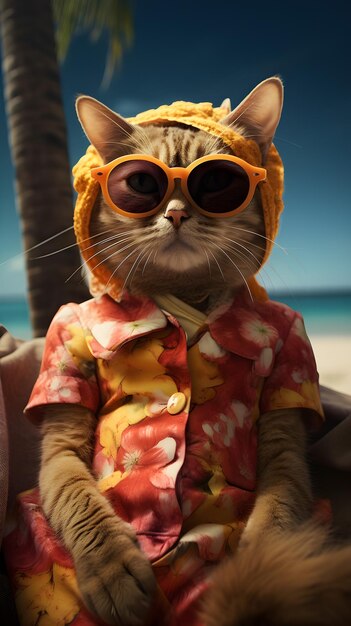 cat relaxing on the beach in colorful clothes