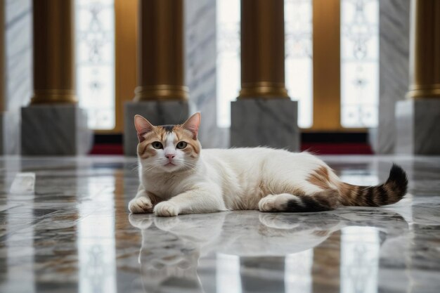 cat relaxing on the marble floor