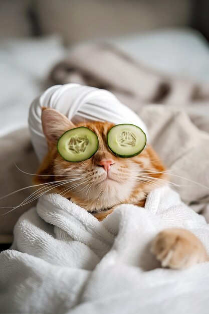 Cat relaxing in spa with cucumber slices on eyes Cute cat in a bathrobe and turban on spa treatments Beauty procedures wellness beauty relaxation concept Pet grooming domestic pets treatment