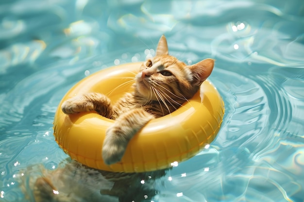 Cat Relaxing in a Yellow Inflatable Ring by the Pool