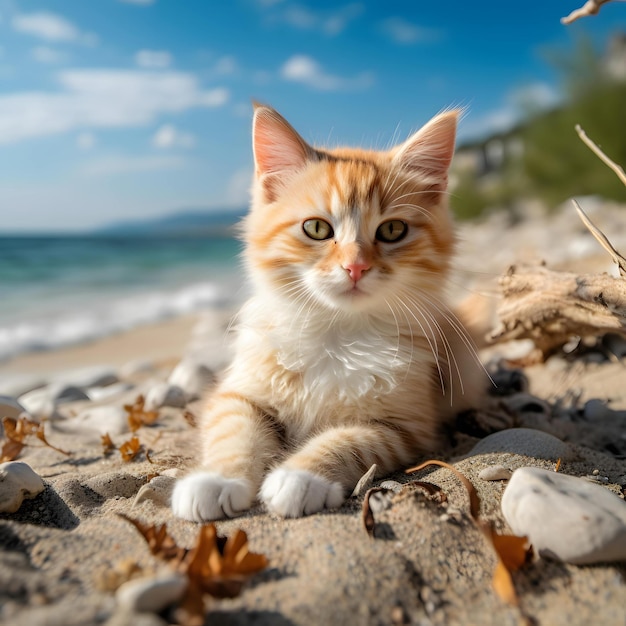 cat rest on the beach