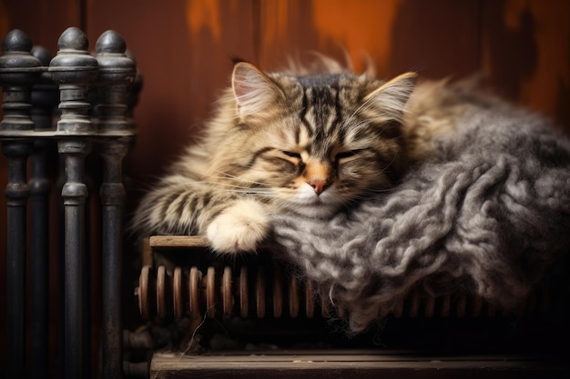 Cat rests on warm radiator