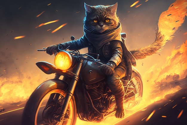 Cat rider on motorcycle super hero biker riding with fire trail generative AI