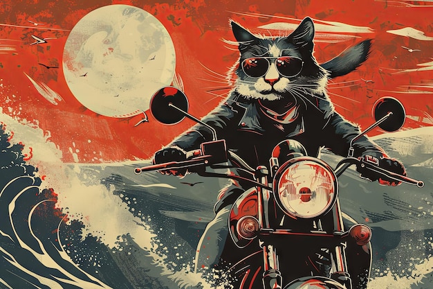 Photo a cat riding a chopper the style is pulp hard boiled illustration dark and fun