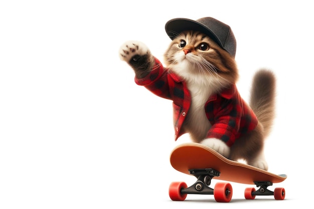 cat riding a skateboard on a white background