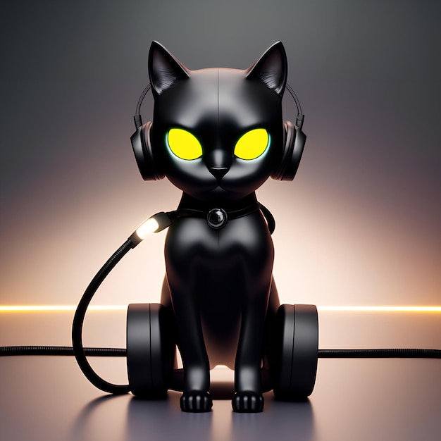 A cat robot black matte plastic and green glowing eyes AI