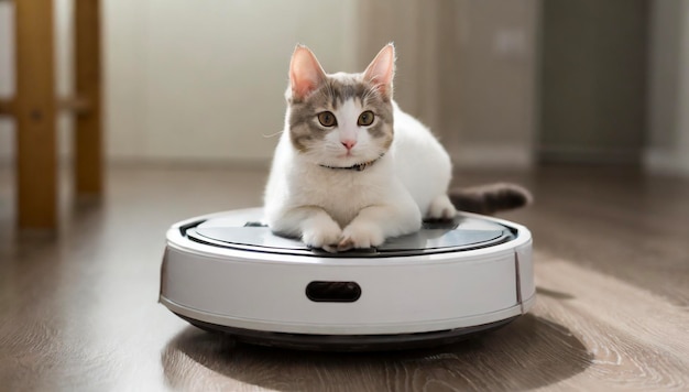 cat on robot vacuum cleaner