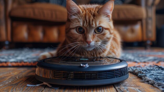 Foto gatto su un aspirapolvere robotico