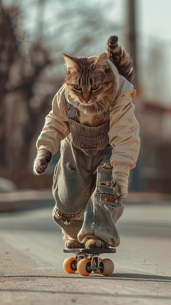 Cat rolschaatsen met overalls en beige jas buiten