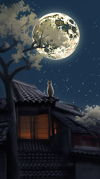 屋根の上で月を眺める猫
