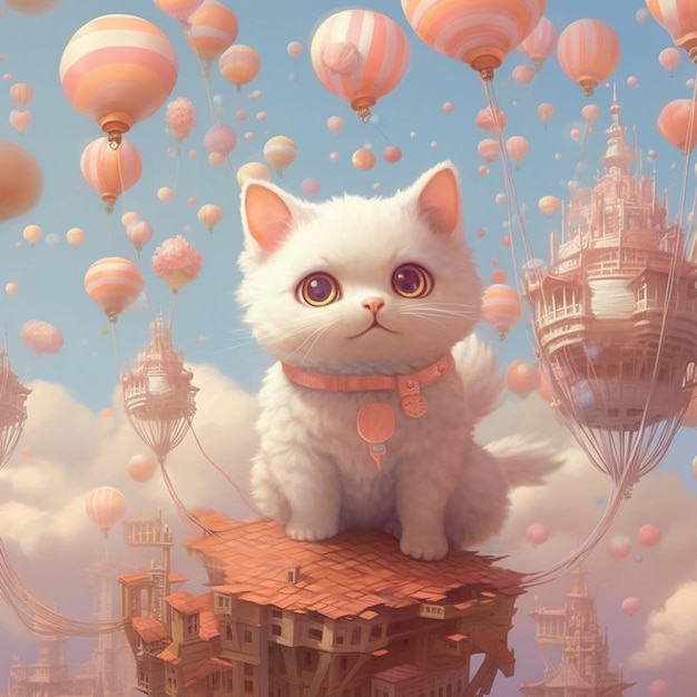 A cat on a roof with balloons in the sky