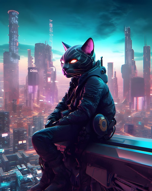 A cat on rooftop with a city in the background