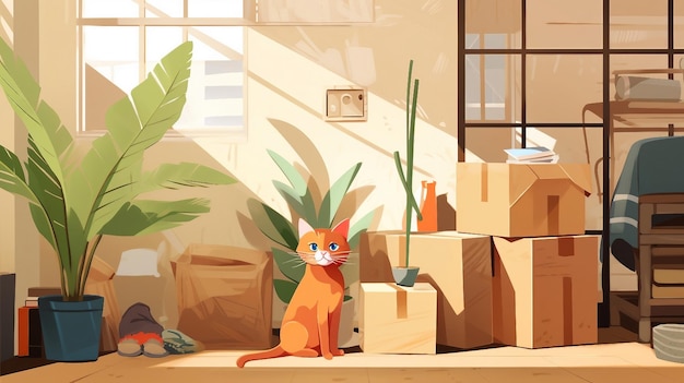 箱と植物のある部屋にいる猫のイラスト AI 生成