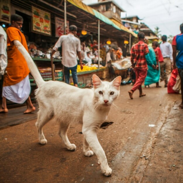 猫が魚の市場で走っている