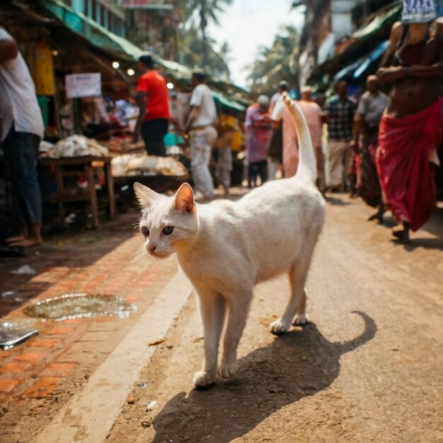 cat runing with fish market