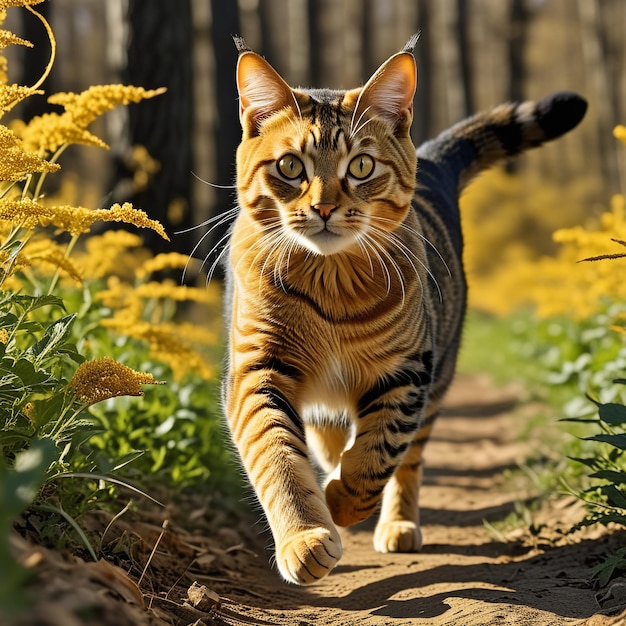 Photo cat running on background track desert nature wildlife and snow