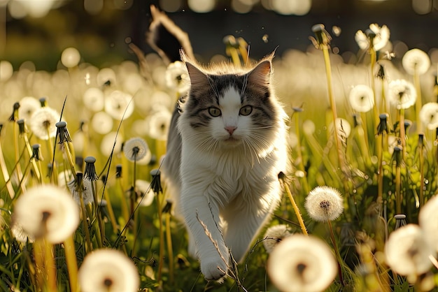 Cat running through field of dandelions