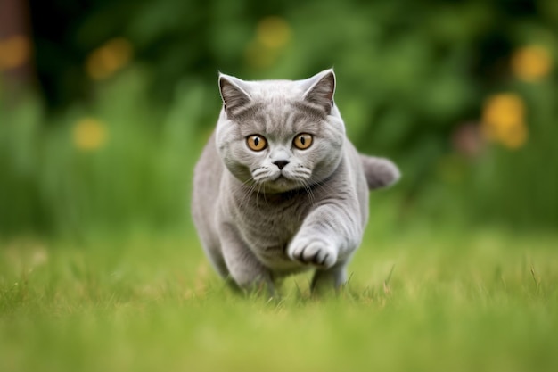 a cat running through a field of grass