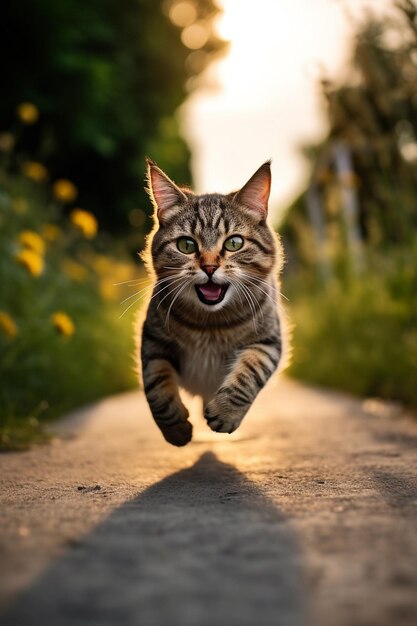 a cat runs down a path in the sun