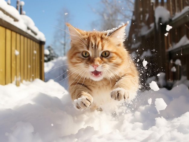 AIが生成した雪の庭を猫が走る