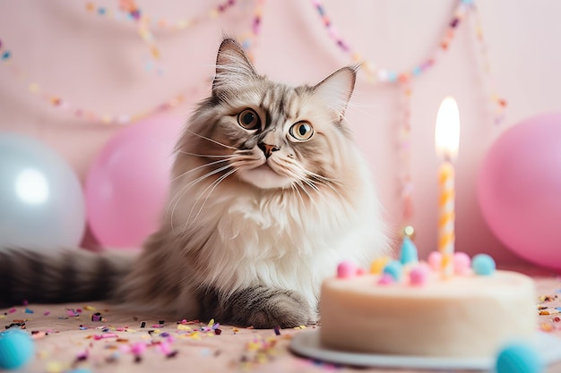 猫の誕生日パーティー ケーキとキャンドル AI によって生成されたテキスト パステル カラー画像のポストカードの場所