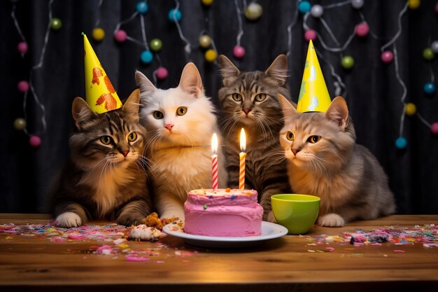 Cat's Birthday Party Kitten Celebration met Cake Generative Ai