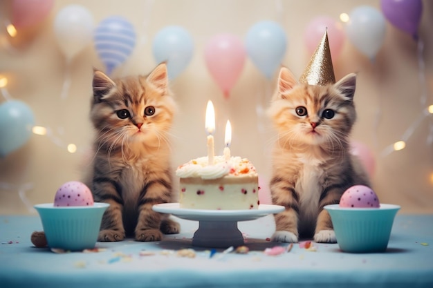 写真 猫の誕生日パーティー ケーキで子猫を祝う generative ai