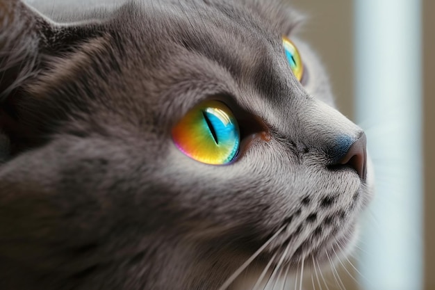 A cat's eyes are yellow, green, and blue.