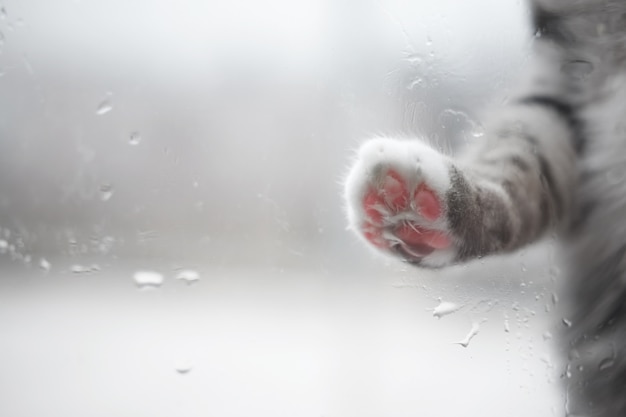 Cat's paw on a rainy window outside, copy space