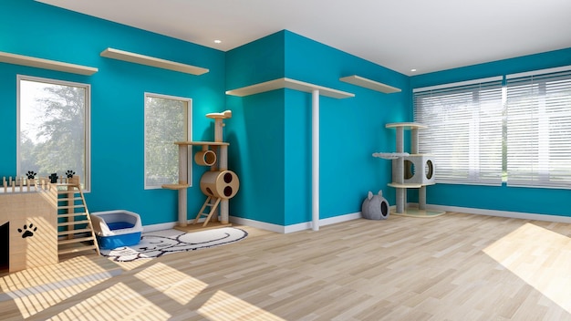 Cat's room interior in blue wall with cat house and cat condo room designed for cat 3d rendering