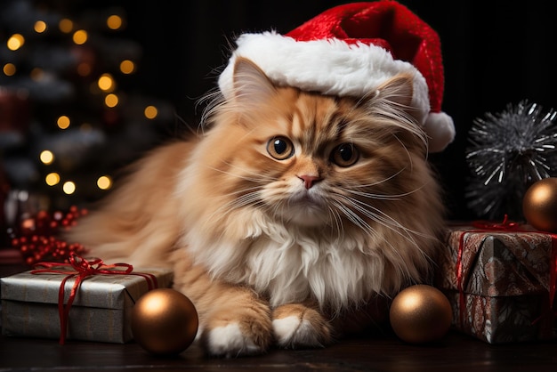 cat in a Santa Claus hat under the Christmas tree with gifts for the celebration of the new year