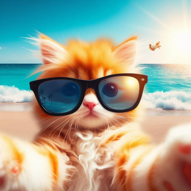 cat saying I am taking selfies in the sun blue beach at summer day wearing sunglasses