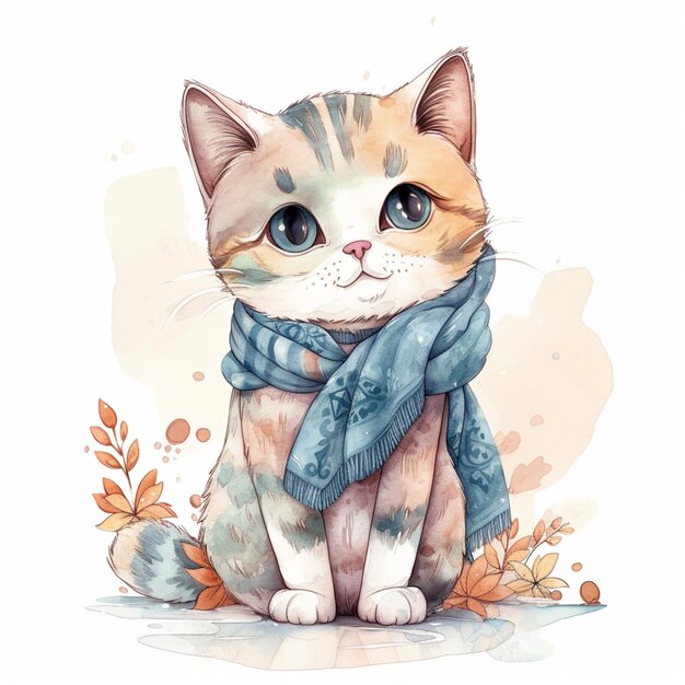 A cat in a scarf with autumn leaves