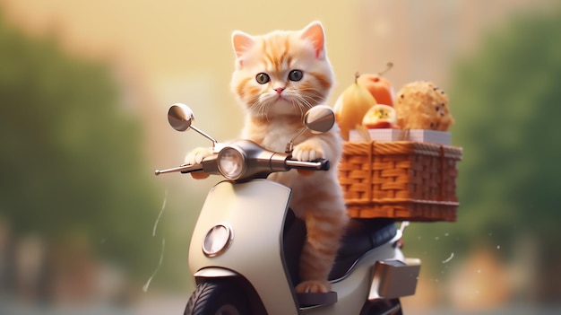 A cat on a scooter with a basket of food on it