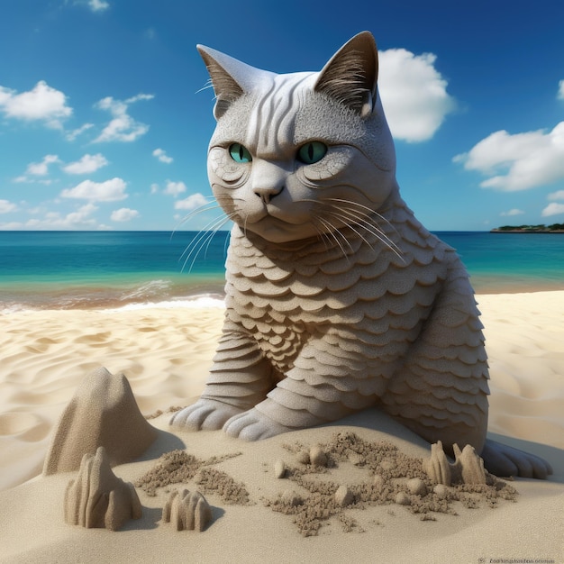 파란 눈을 가진 고양이 조형물이 모래 위에 앉아 있습니다.