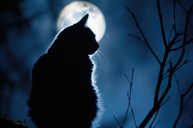 A cat seen from behind gazes at the moon in anticipation of nocturnal hunting