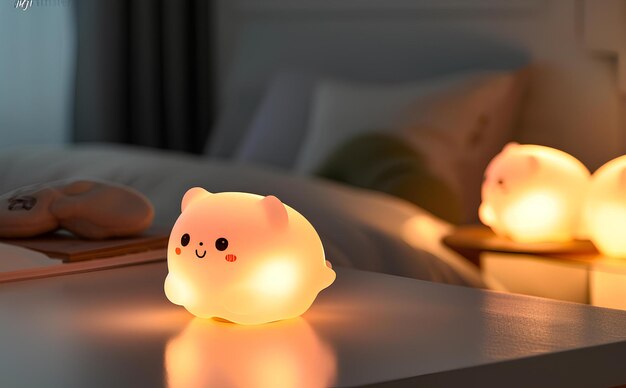 A cat shaped light sitting on a table next to a bed with pillows and pillows on it