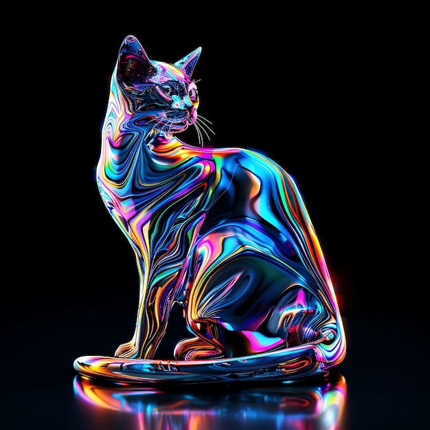 Cat Shaped in Shimmering Oil Slick Rainbow Colored Opaque Li Background Art Y2K Glowing Concept