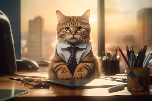 A cat in a shirt and tie sits at a desk in front of a window.