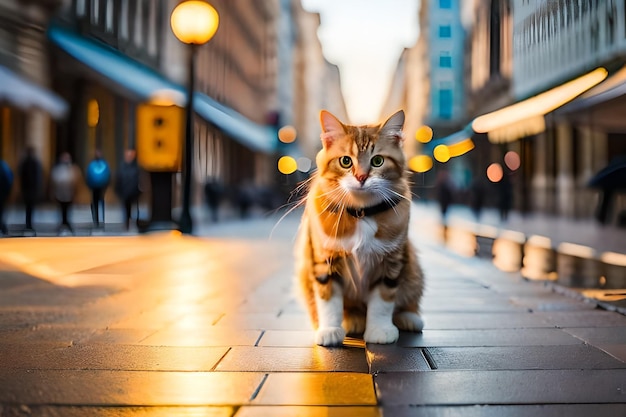 a cat on a sidewalk in the city