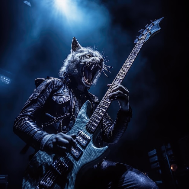 고양이 가수 메탈 밴드 베이스 기타 무대 인간화된 동물 사진 전문 보기 현실적인 샷