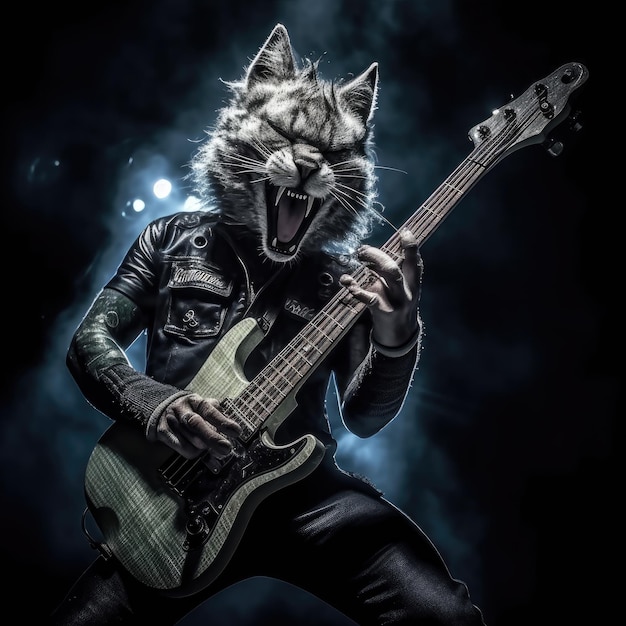 猫歌手メタル バンド ベースギター ステージ ヒト化動物写真プロのビューのリアルなショット