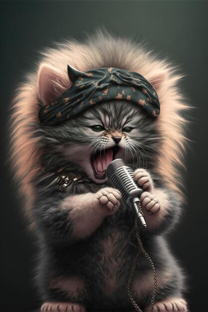 A cat singing into a microphone.