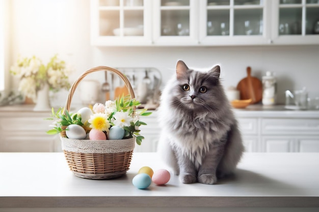 cat sits next to a basket of Easter eggs