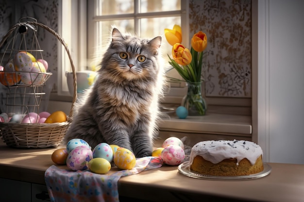 Foto il gatto si siede accanto a un cesto di uova di pasqua