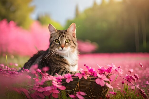 A cat sits in a basket of flowers.