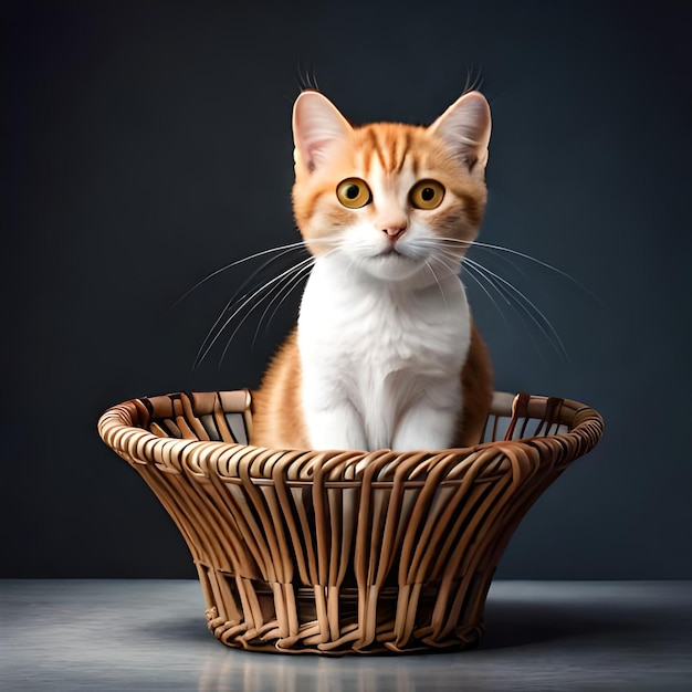 A cat sits in a basket with a dark background.