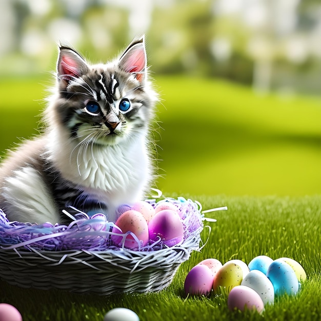 A cat sits in a basket with painted eggs on it.