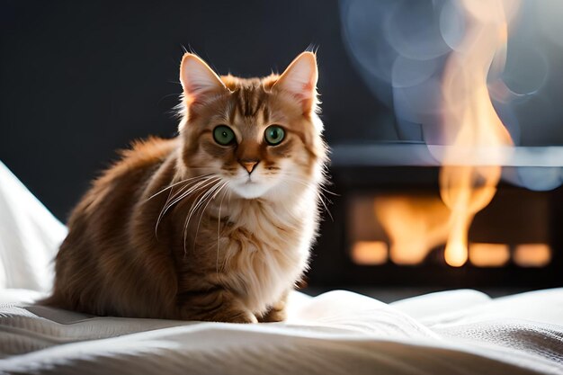 A cat sits on a bed in front of a fireplace